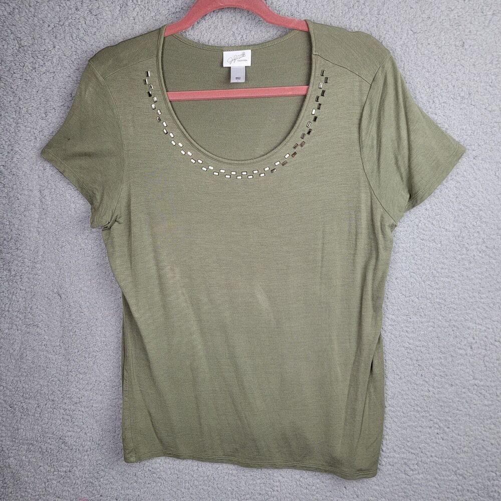 Knit Top Blouse Womens L Green Metallic Studs Scoop Neck  Short Sleeves Light
